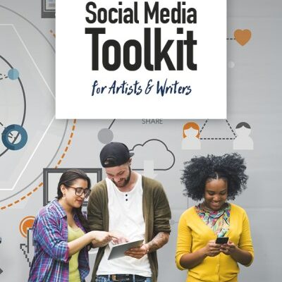 Social Media Toolkit. The cover of Creative Future's social media toolkit for artists and writers, showing three people accessing social media on their smart mobile phones,
