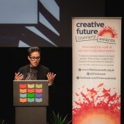 Writing competition for under-represented writers. The image shows Internationally bestselling author, Kit De Waal at the 2017 CFLA Showcase.
